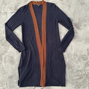 Eileen Fisher Tencel Silk Long Sweater Cardigan Navy Tan Women's XS